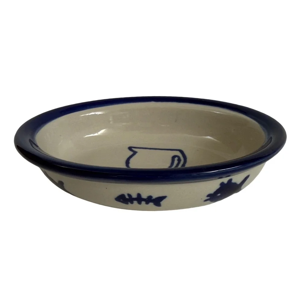 Boots &‎ Barkley Hand Painted Stoneware Cat Food Bowl Blue Fish Oval 6.5